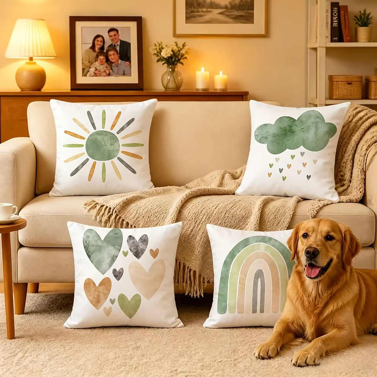 4Pcs Double‑Sided Watercolor Rainbow Pillow Covers, Earthy Sage Tone Cloud Heart‑Shaped Sun Print Cushion Cases