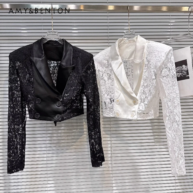 

2026 New Fashionable Hot Girl Shoulder Pad Long Sleeve Women's Coats Vintage Design Black Satin Collar Lace Short Coat Ladies