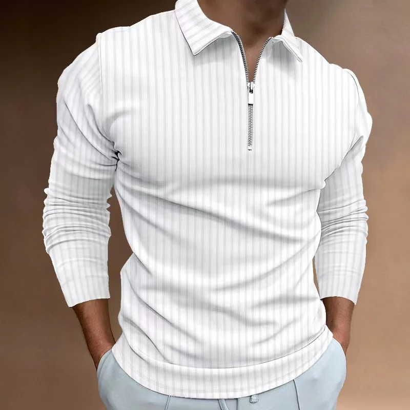 

CIGY-Men's Long Sleeve Polo Shirt with Zipper, Striped, New, Autumn and Winter