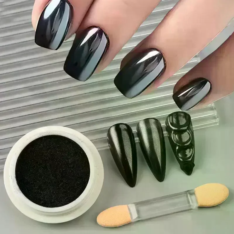 1 Box Chrome Black Nail Powder Metallic Rubbing Pigment Magic Mirror Glitter Y2K Nail Art Decoration Manicure