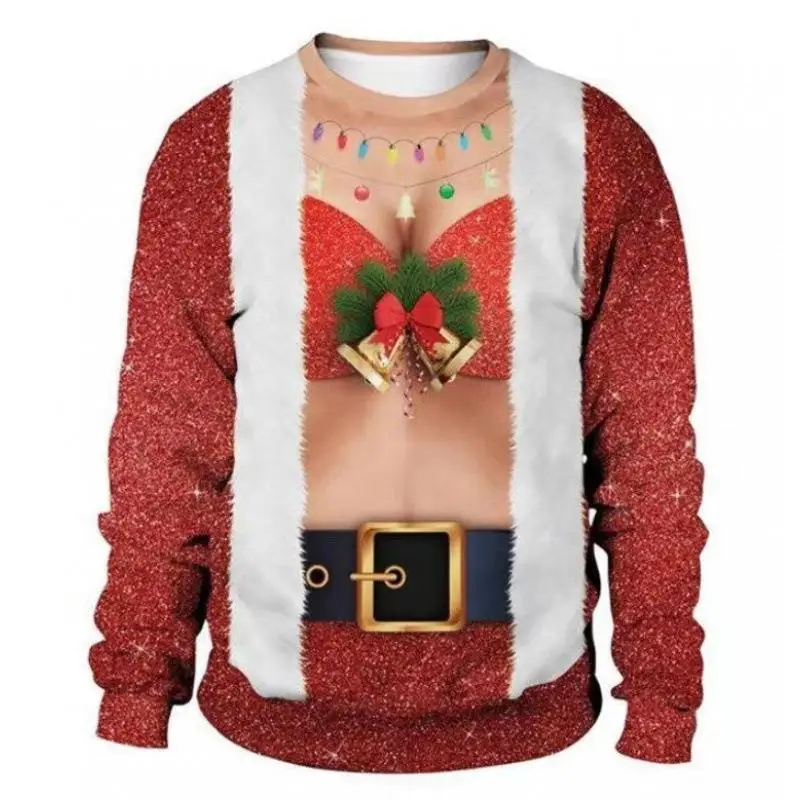 2026 Christmas Beefy hoodie Christmas Round Neck Sweater Christma Muscle Strong Men's Sweater Digital Print Chain Hoodie Sweater