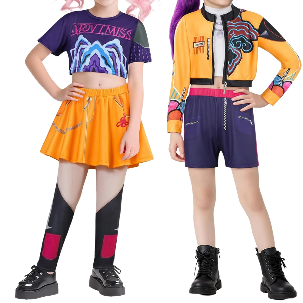 

Anime K-Pop Hunters Cosplay Costume Girl Dress Rumi Two Piece Set Zoey Tops Mira Skirt Suit Cool 3D Printing Child Outfit