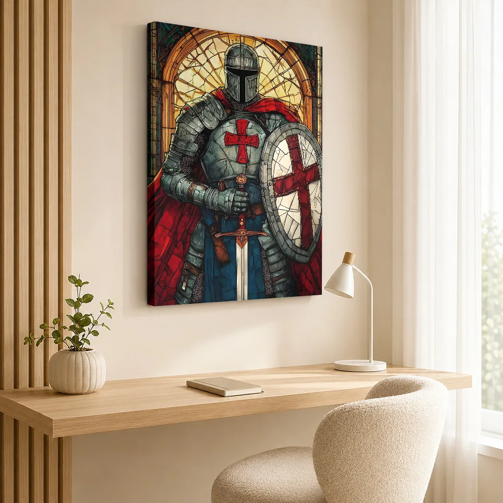 Knight in Shining Armor with Sword and Shield Canvas Print Poster Customized Modern Aesthetic Canvas Wall Art for Office Decor