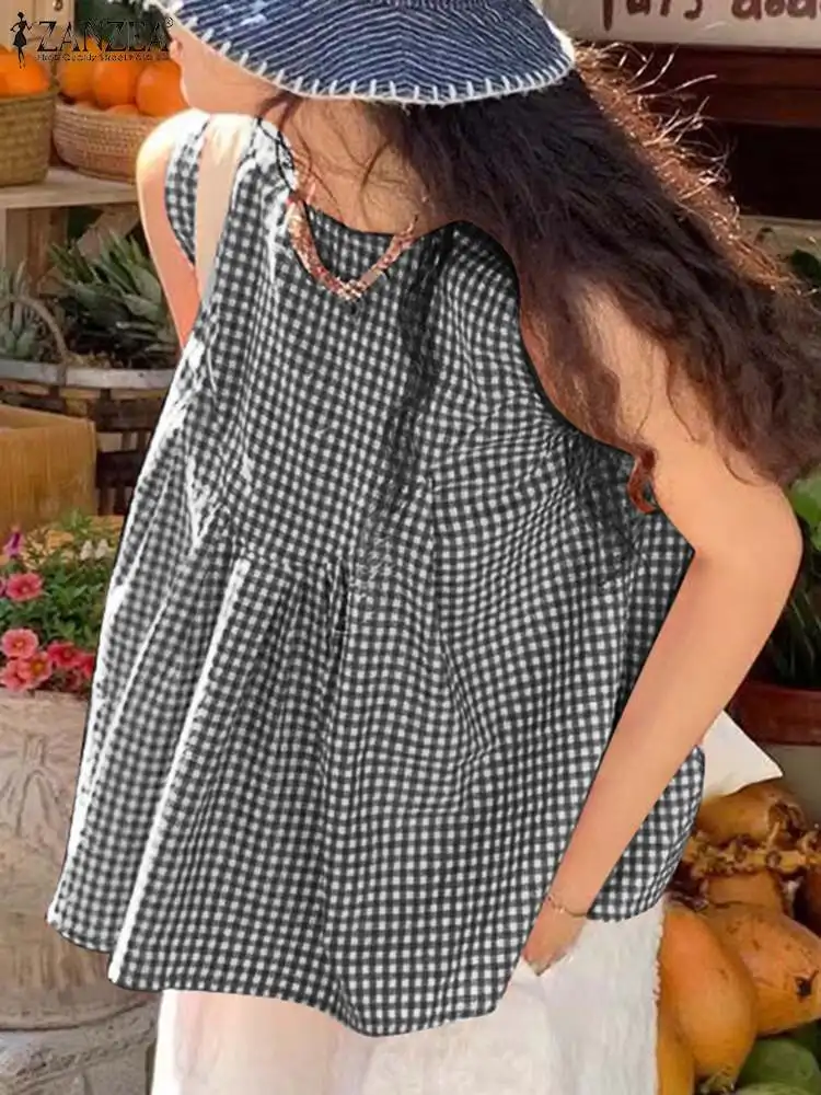 ZANZEA Bohemian Summer Plaid Tanks Korean Pleating Sleeveless Tops Holiday 2024 Women O-neck Camis Fashion Cotton A-line Vests