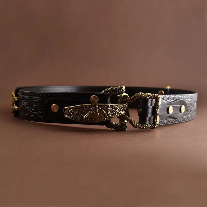 3.8CM Cavalry Belt Genuine Leather Men\'s High Quality Belts Pure Handmade Belt Solid Vintage Embossed Brass Buckle Belt Jeans