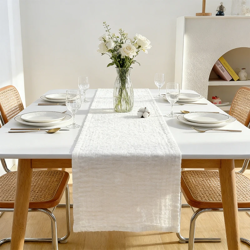 Cotton Double Layers Table Runner Gauze Fabric Wedding Home Table Decoration for Kitchen Dinning Birthday Baby Shower Tablecloth