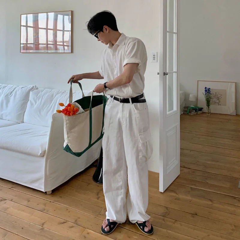 

TANGZ Studio Men's White Jeans Loose Straight Leg Long Trousers Summer Faion Korean Sle Drag Floor Workwear Pants