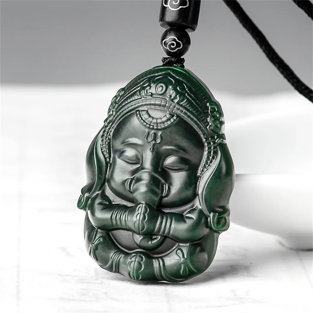 Charm Natural Black HeTian Jade Carved Elephant Nose Buddha Lucky Pendant Amulet Necklace Certificate Party Luxury Jade Jewelry