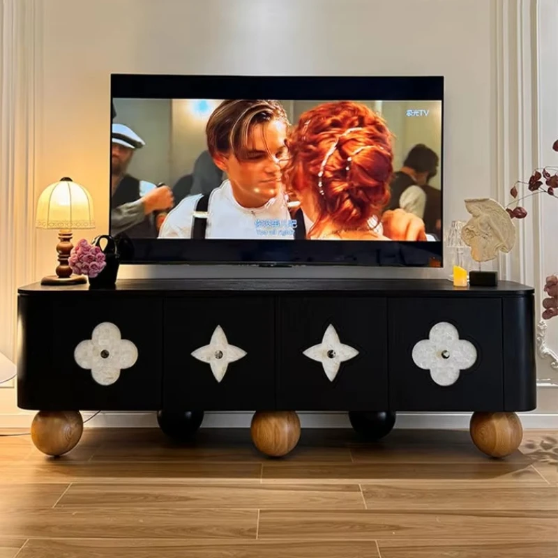 round foot design living room audio-visual cabinet black high-end TV cabinet French four-leaf clover solid wood retro TV cabinet
