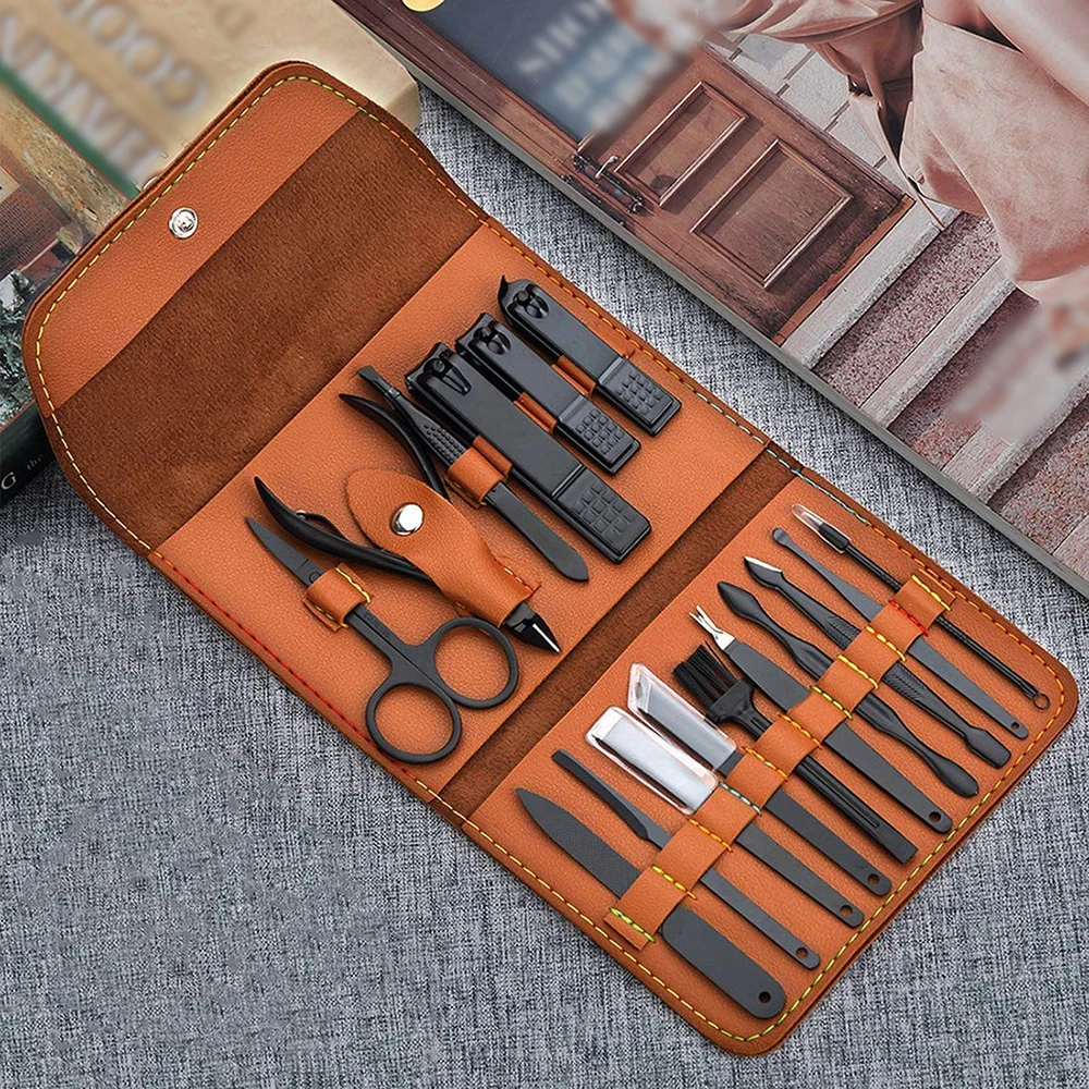 Conjunto de manicure, kit profissional de cortador de unhas feminino 16 peças, ferramentas de cuidado de cortador de unhas de aço inoxidável kits de aliciamento profissional, pu