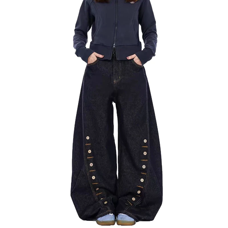 WTHT แฟชั่นผู้ชายสีทึบปุ่มหลวม DENIM กางเกงสไตล์อเมริกันวินเทจ Wude ขากางเกงยีนส์ชาย 2025 ฤดูร้อน 2A1130