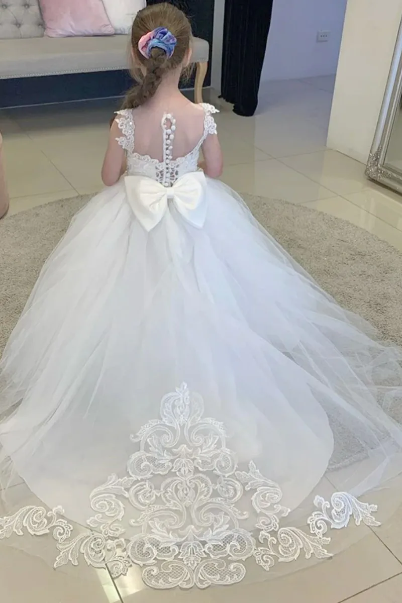 White Flower Girl Dress Tulle Lace Appliques With Bow And Tailing Sleeveless Fit Wedding Party Birthday First Communion Gowns