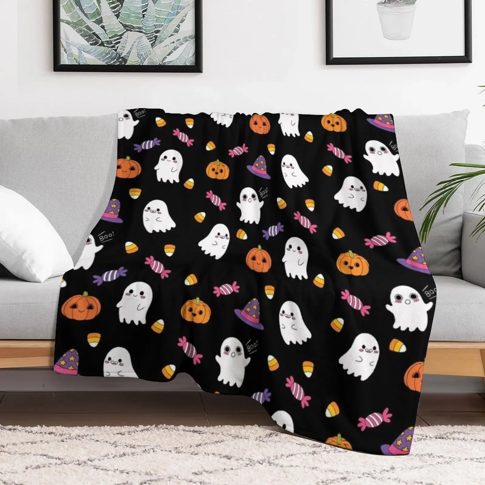 Cute Spoopy Ghosts and Halloween Candy Throw Blanket Nap Cute Plaid valentine gift ideas christmas gifts Blankets