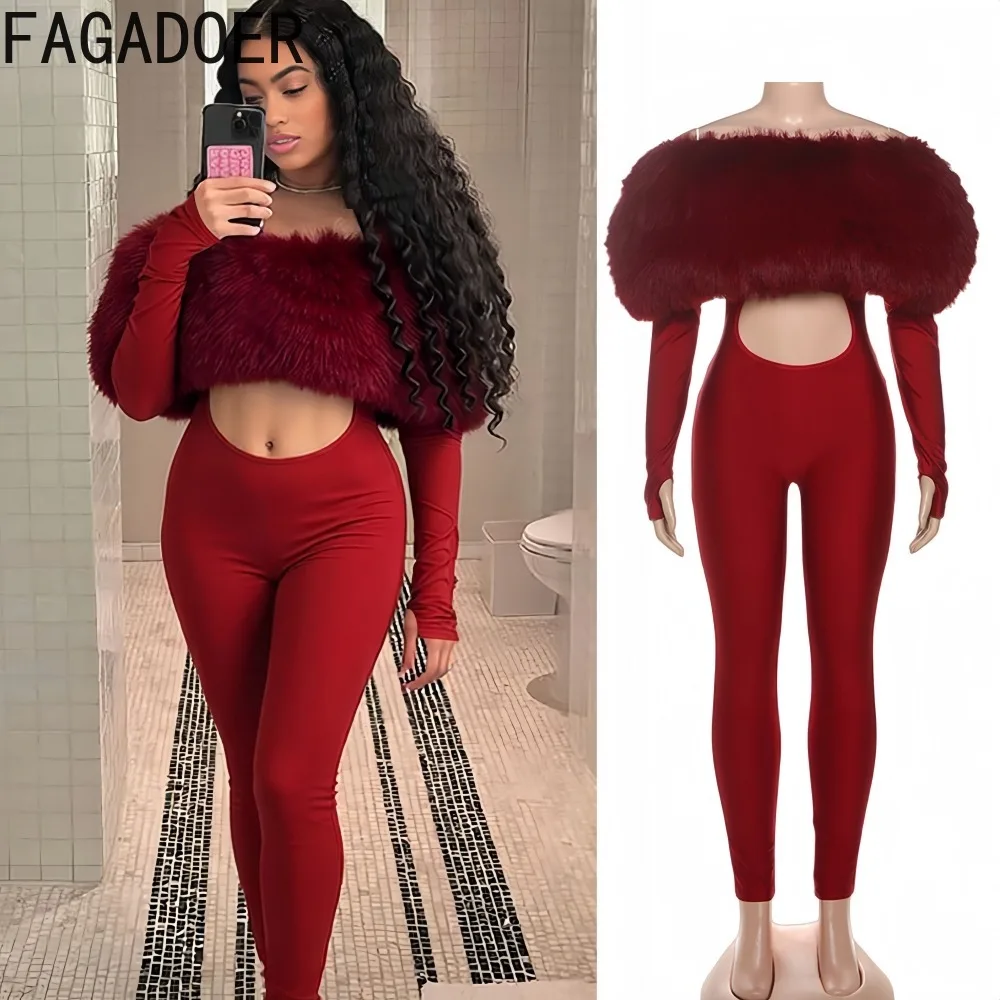 

FAGADOER Winter New Sexy Hollow-out Bodycon Jumpsuits Women Off Showlder Backless Fur Patchwork Rompers Female Clubwear Overalls