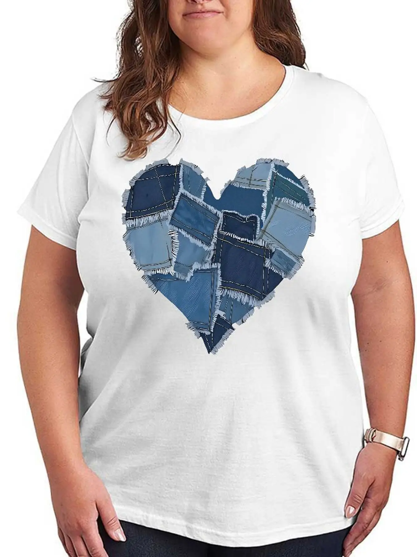 Blue Denim Heart Patchwork Graphic T Shirt Women Fashion Stretchy Plus Size Short Sleeve Casual Soft Comfortable Summer Tee Tops
