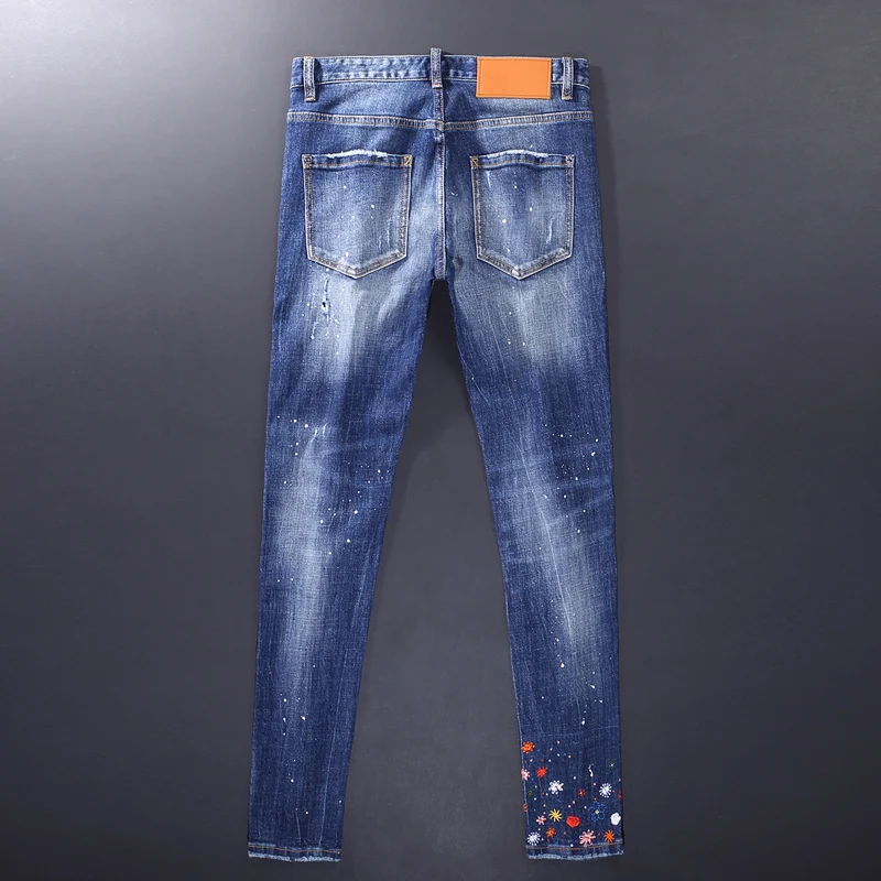 Street Fashion Men's Jeans High Quality Retro Light Blue Elastic Tight Split Jeans Men's Embroidery Designer Hip Hop Brand Pants