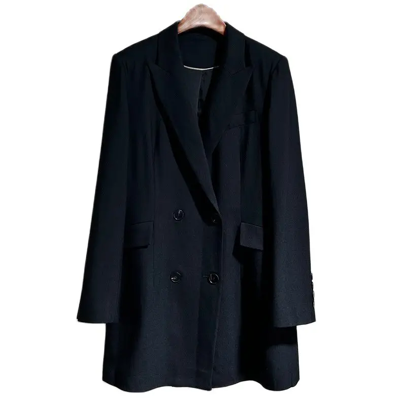 

Black Wool Suit Jacket Women Mid-length 2022 Spring Autumn New Double-breasted Temperament Suit Jacket Casual 100% Wool Commuter