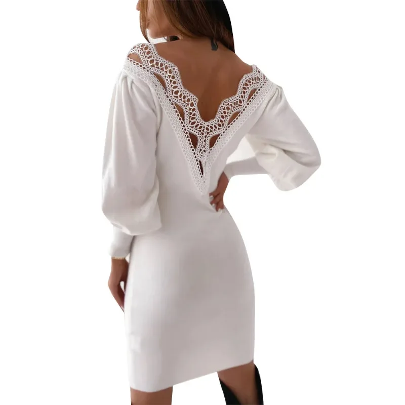 

Ladies Warm Black Open-Back Lace Lantern Sleeve V-Neck Sweater Party Dresses Winter White Dress Spring Black Women's Clothing