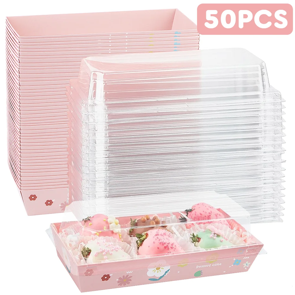 50 Pack Paper Charcuterie Boxes with Clear Lids, Disposable Sandwich Boxes Square To Go Food Containers for Desserts, Strawberri