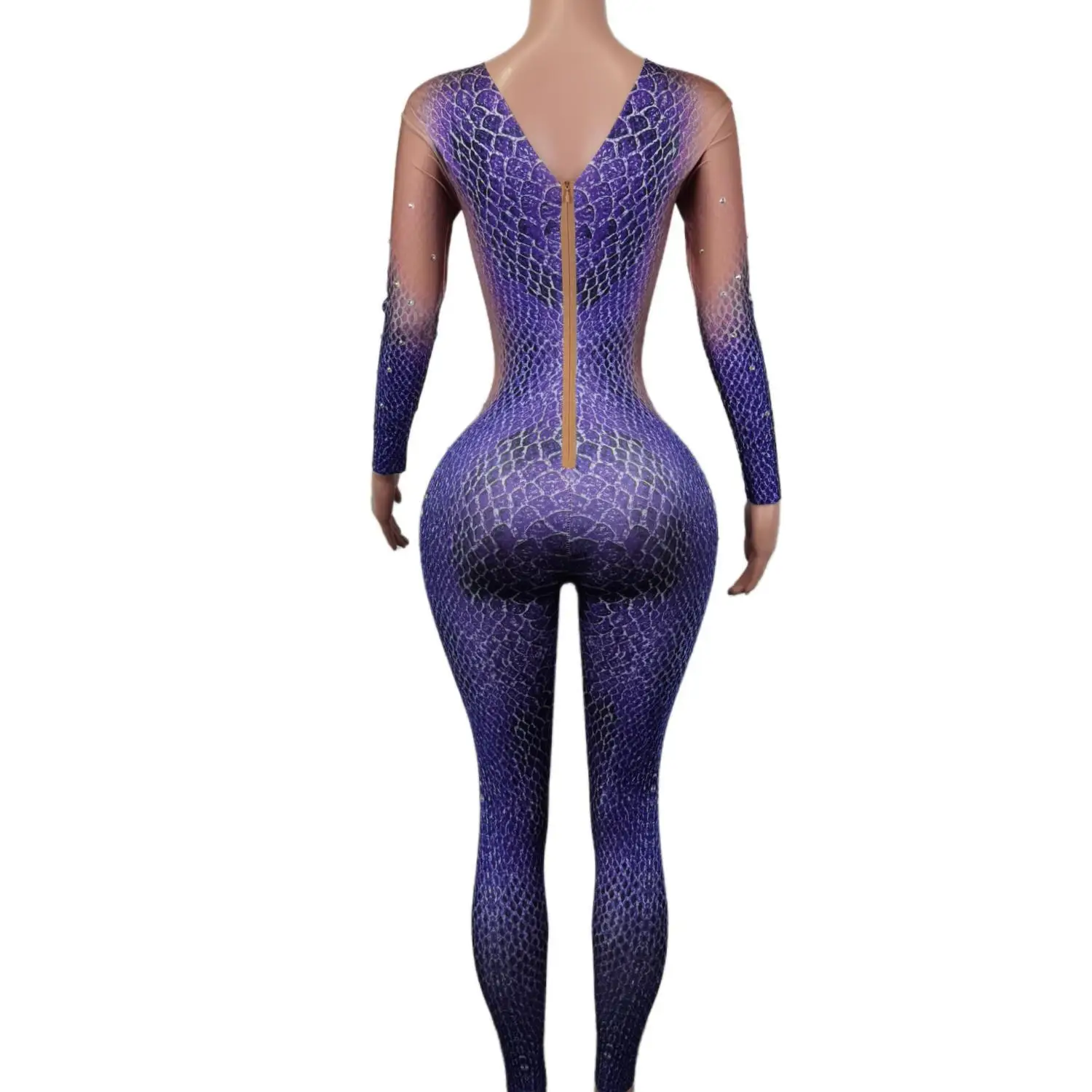 Stretch Tight Jumpsuits for Women Purple Snakeskin Pattern Rhinestone Bodysuits Cosplay Costumes Nightclub Showgirl Wear Zishe