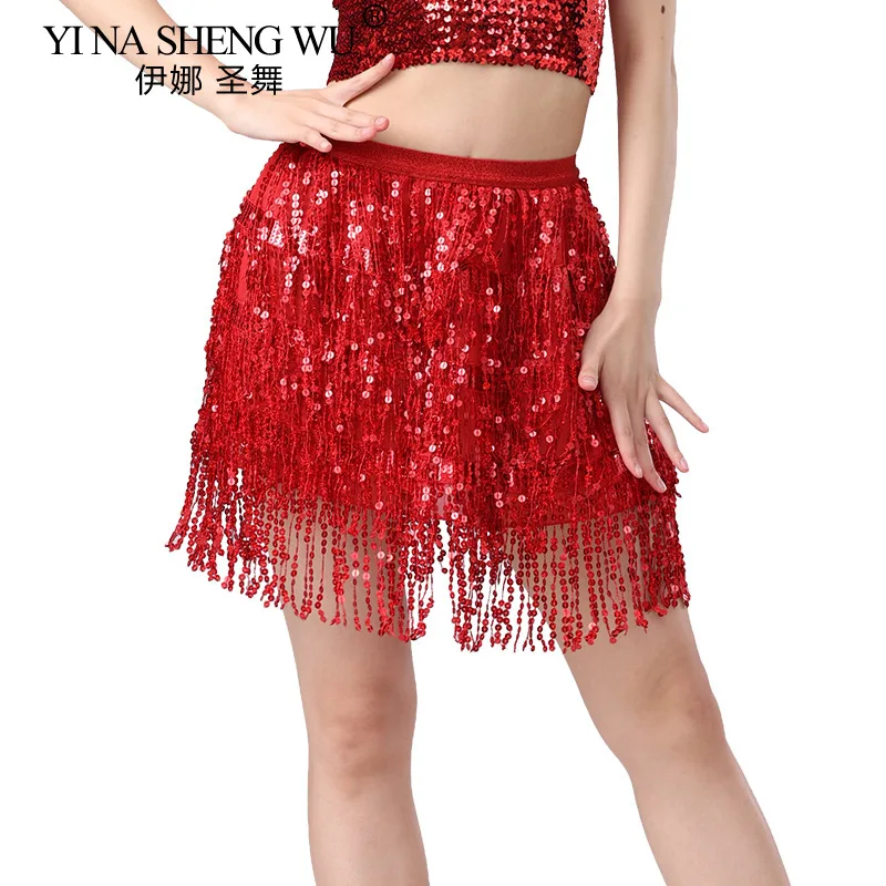 Sexy Women Belly Dance 4-layer Sequins Tassel Skirts Elegant Mid-rise Solid Slimming Skirt Latin Dance Stage Performance Outfits