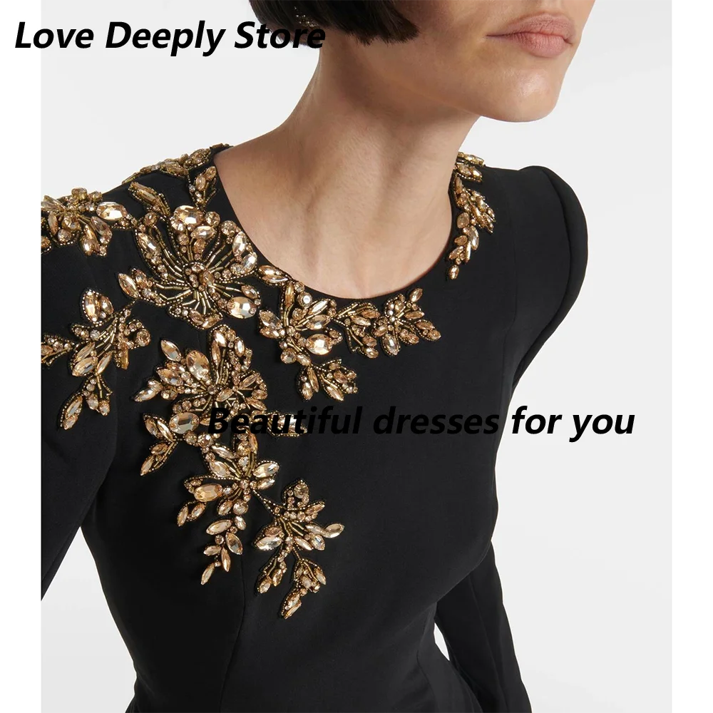 Black Evening Dress Long Sleeves Crystals O Neck Luxury Party Gowns for Women Trumpet Elegant Wedding Party Dress Customized