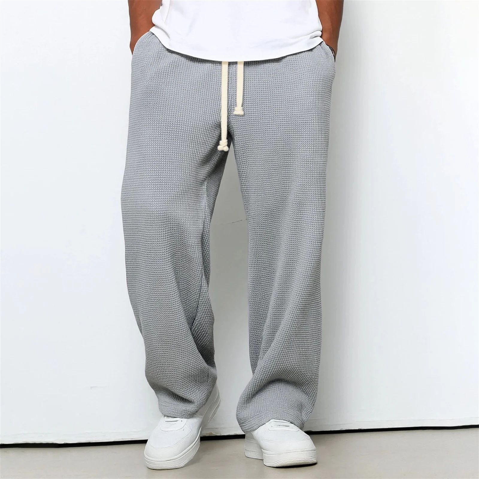 Men's Sweatpants 2026 New Men's Waffle Knit Sweatpants Loose Fit Joggers Casual Trousers Straight Leg Wide Leg Lounge Pants ﻿