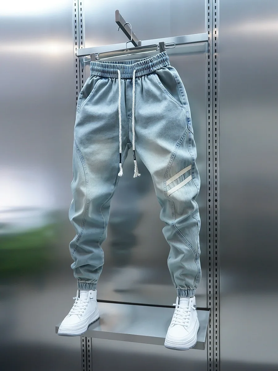 Men's Slim Fit Jeans mid Waist Elastic Waistband Casual Pants Light Blue Denim Trousers Trendy Autumn New Style Youth Fashion