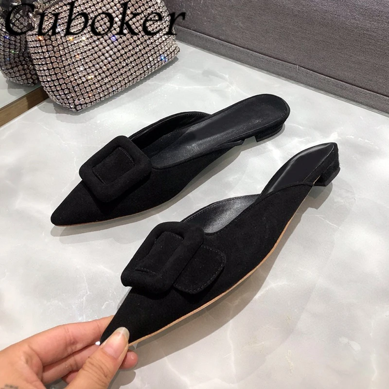 2024 Summer Pointed Wrap Toe Suede Leather Flat Slippers For Women Elegant Square Buckle Mules Fashion Dress Slides Shoes Ladies