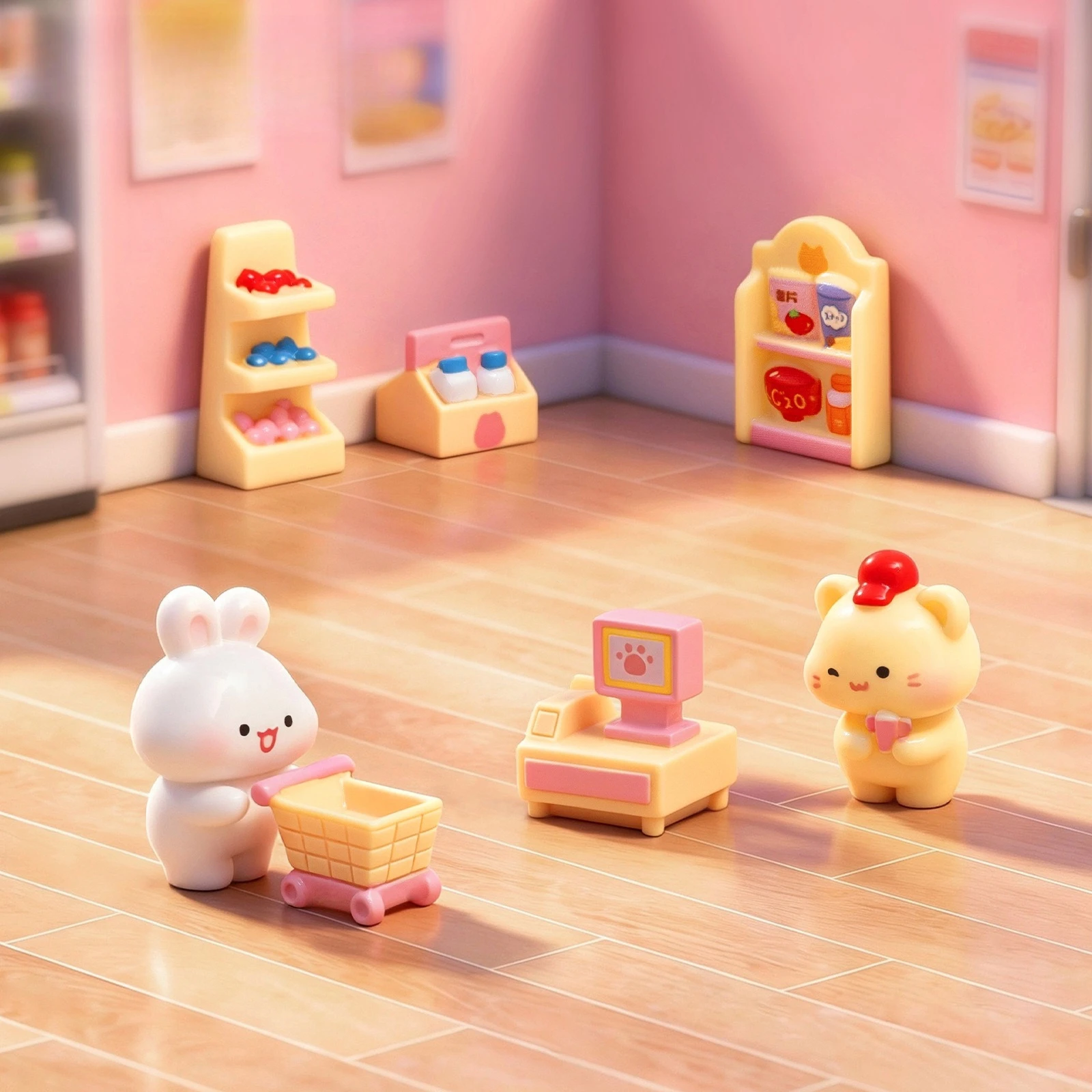 100pcs Kawaii Cartoon Rabbit Cashier Kitten Shelf Supermarket Series Resin Charms DIY Dollhouse Decor Mini Desktop Ornament
