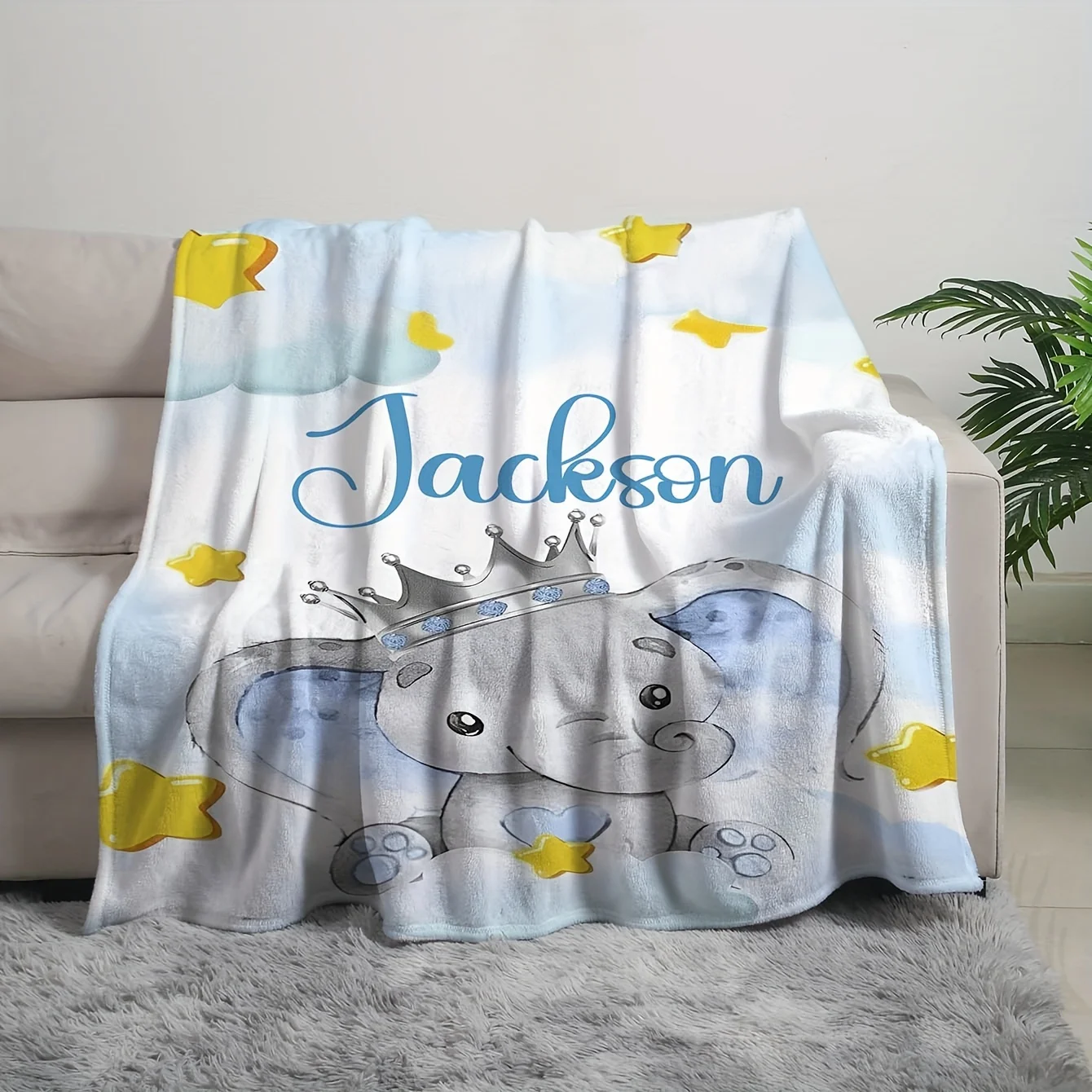 Personalized Elephant Baby Blanket Crib Throw Nursery Decor Cute Animal Plush Keepsake Gift for Newborn Kids Boy Girl