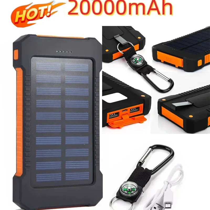 20000mAh Outdoor Large Capacity Portable Solar Waterproof Power Bank Super Fast Charging Portable Flashlight for IOS Andriod