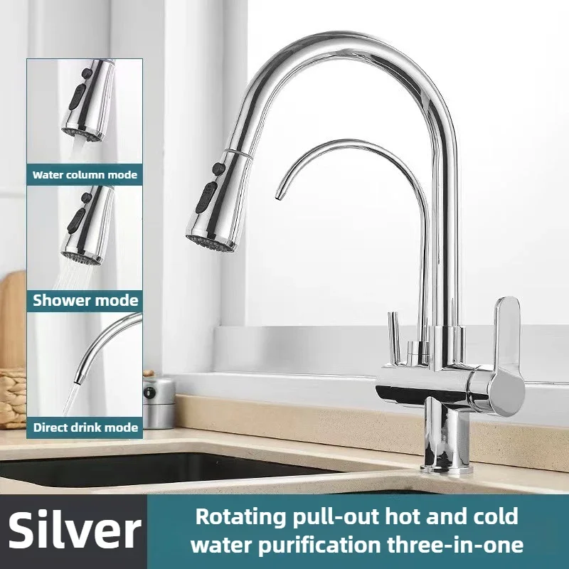 Keran Dapur Komersial dengan Fungsi Ganda Penyemprot Pull Down, Keran Pemurni Filter Air 3 in 1, Keran Pencampur dengan Selang