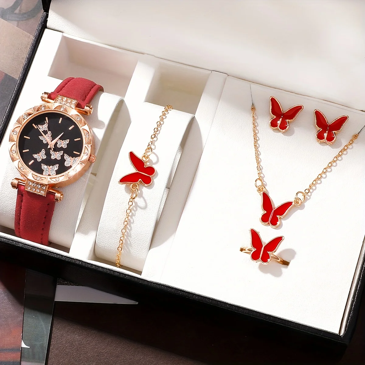 6 Stks/set Dameshorloge Elegant Vlinder Quartz Horloge Luxe Strass Analoog Polshorloge & Sieraden Set, Cadeau Voor Mama Haar
