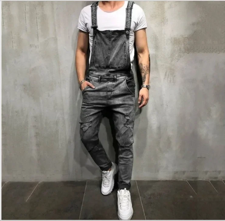 Men Jeans Jumpsuits Denim Overalls Distressed Pockets One Piece Pencil Pants Solid Washed Ankle Length Safari Style Spliced