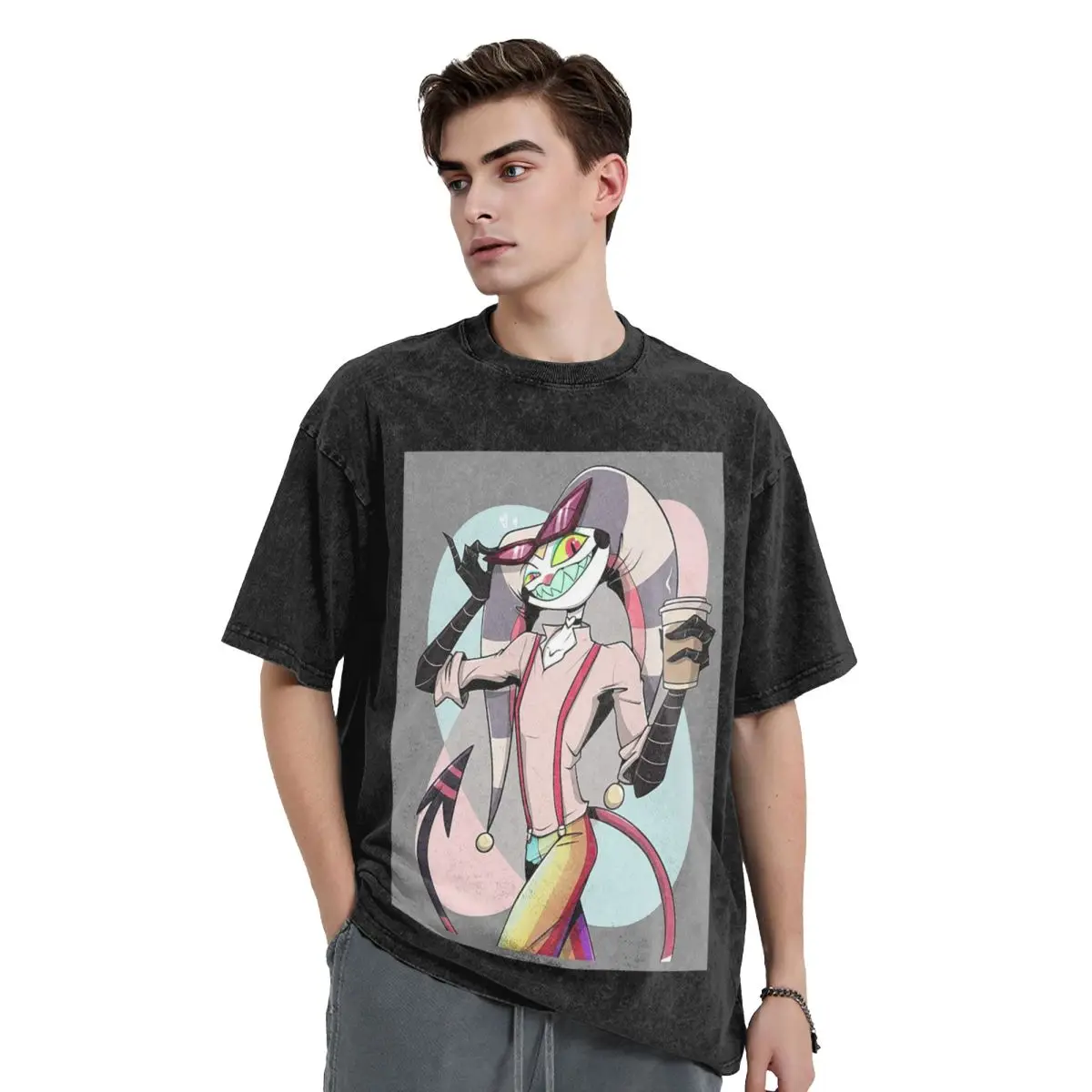 Fizzarolli Helluva Boss Washed T Shirts Printed Short Sleeve Hip Hop T-Shirt Streetwear Tops Tees for Men Women