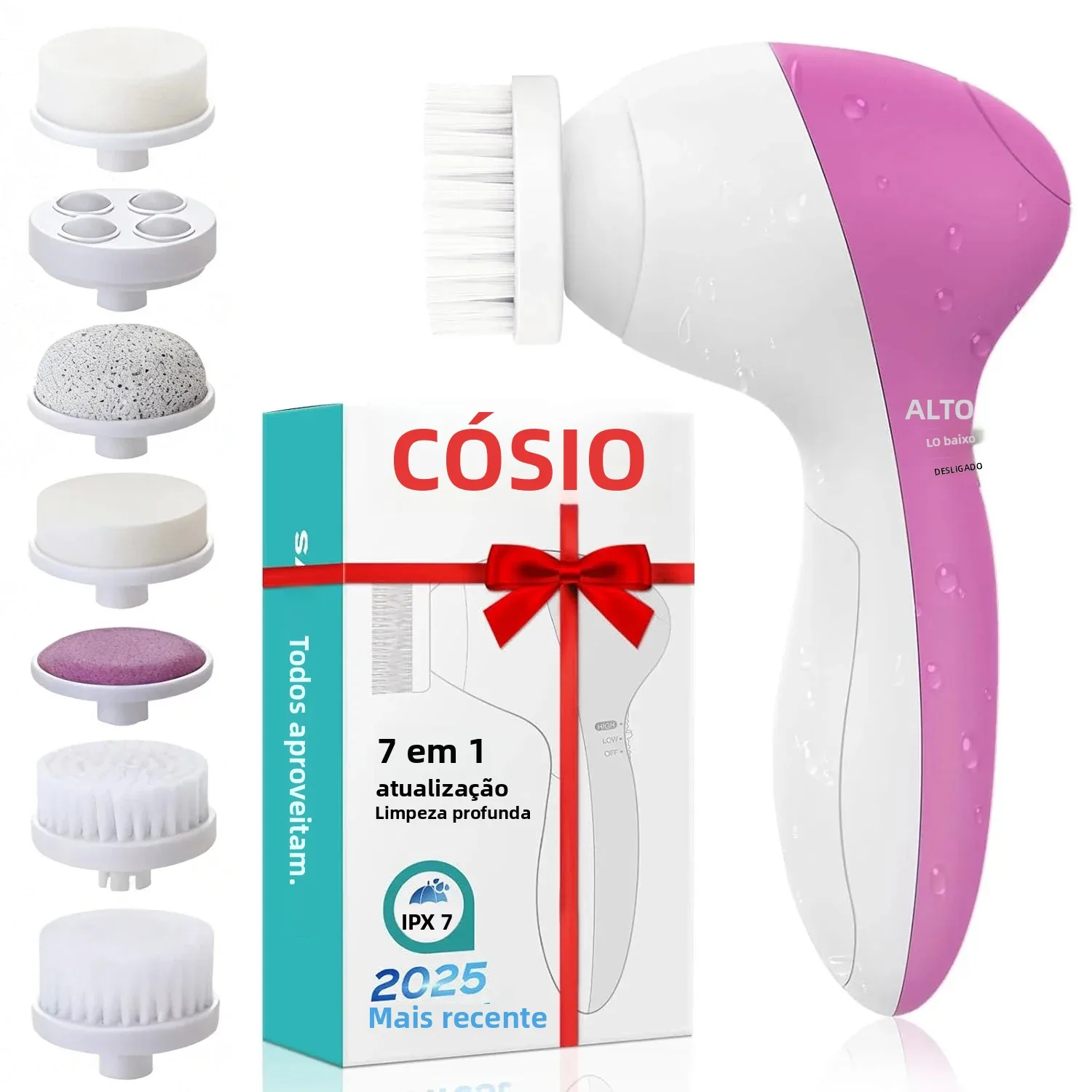 Escova Facial Elétrica Exfoliante 7 em 1 para Limpeza Profunda e Massagem, com 7 Cabeçotes de Escova Substituíveis.