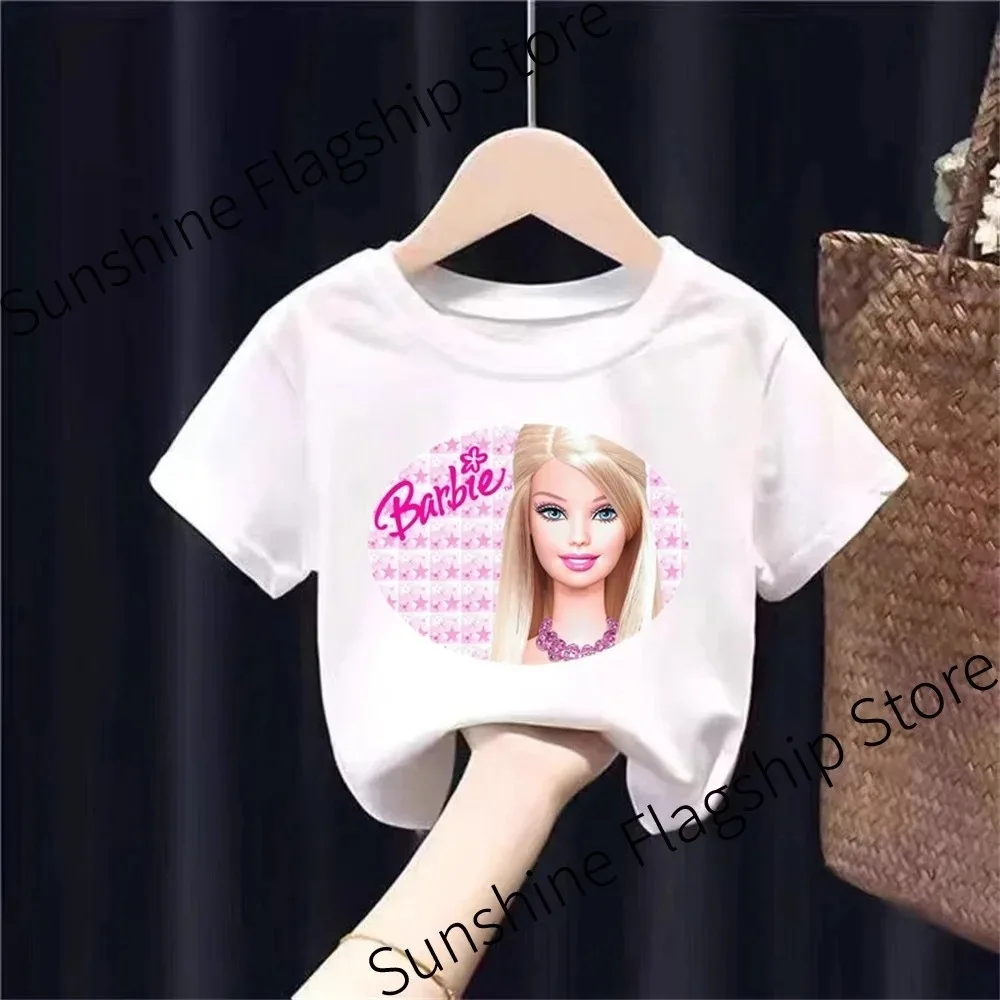 Summer Pattern Kawaii Barbie T-shirt 3-14 Year Old Children's Fashion Girl Short Sleeve Cartoon T-shirt Women Family Outfits Tee