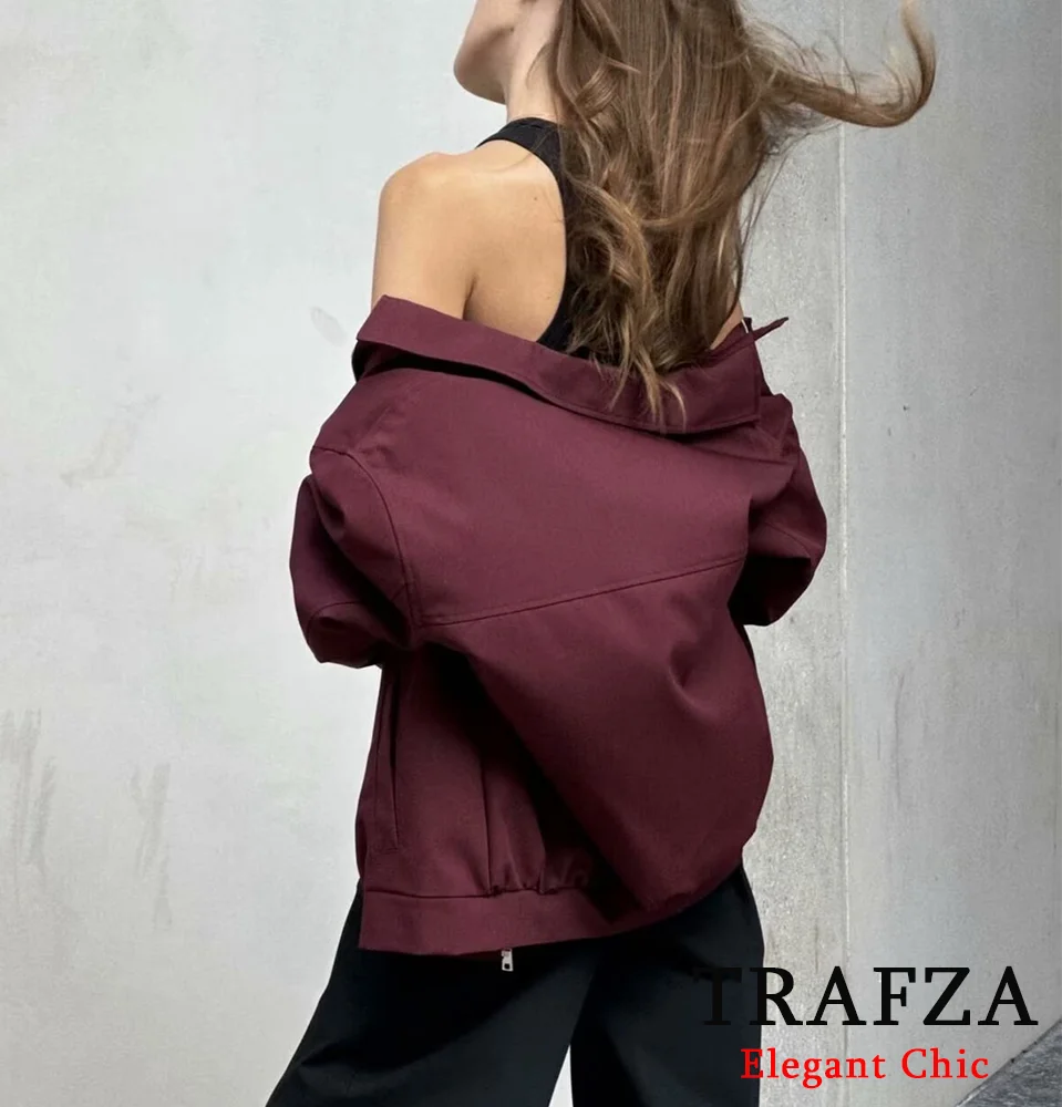 TRAFZA-Women Vintage Loose Lapel Jacket Burgundy Color Zipper Jacket New 2024 Autumn Stylish Versatile Casual Jacket