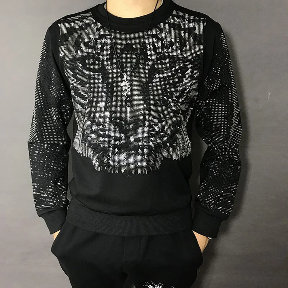 

Mens Autumn Winter Fashion Tiger Head Diamond Long-Sleeve T Shirt Nightclub Personality Youth Trend Heavy Industry Top For Men