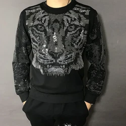 Mens Autumn Winter Fashion Tiger Head Diamond Long-Sleeve T Shirt Nightclub Personality Youth Trend Heavy Industry Top For Men