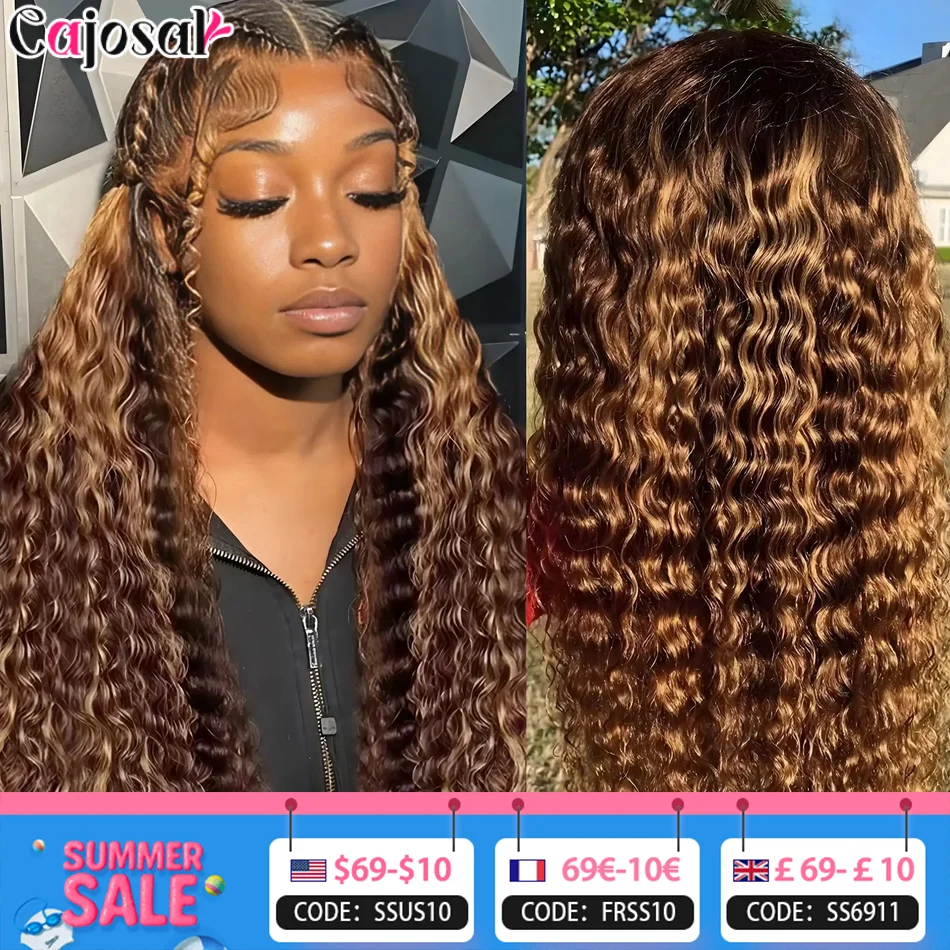 

250% 30 36 Inch13x4 13x6 Water Frontal Human Hair Wigs Glueless Highlight Kinky Curly Hd Ombre 4/27 Water 4x4 Lace Closure Deep