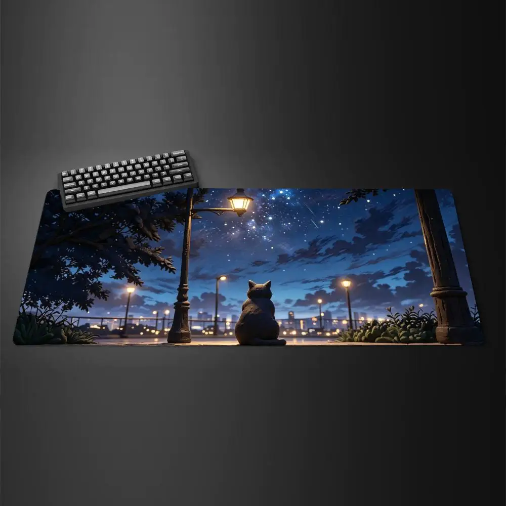 Cosmic Starry Night Black Cat Large Mouse Pad Futuristic City High Speed Train Snow Scene Desk Mat for Gaming Office Decor