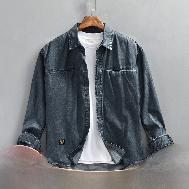 Men's Retro American Style Long Sleeve Denim Shirt Breathable Machine Washable Cotton Blend Casual Fashion Spring Autumn