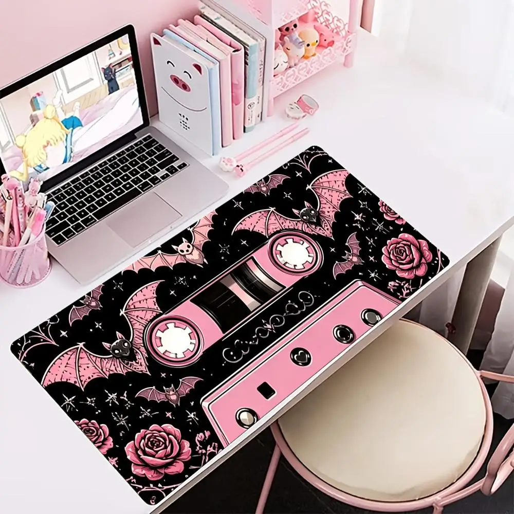 Pink Retro Cassette Tape Large Extended Gaming Mouse Pad Non Slip Desk Mat Gothic Rose Butterfly Pattern Keyboard Desk Mat
