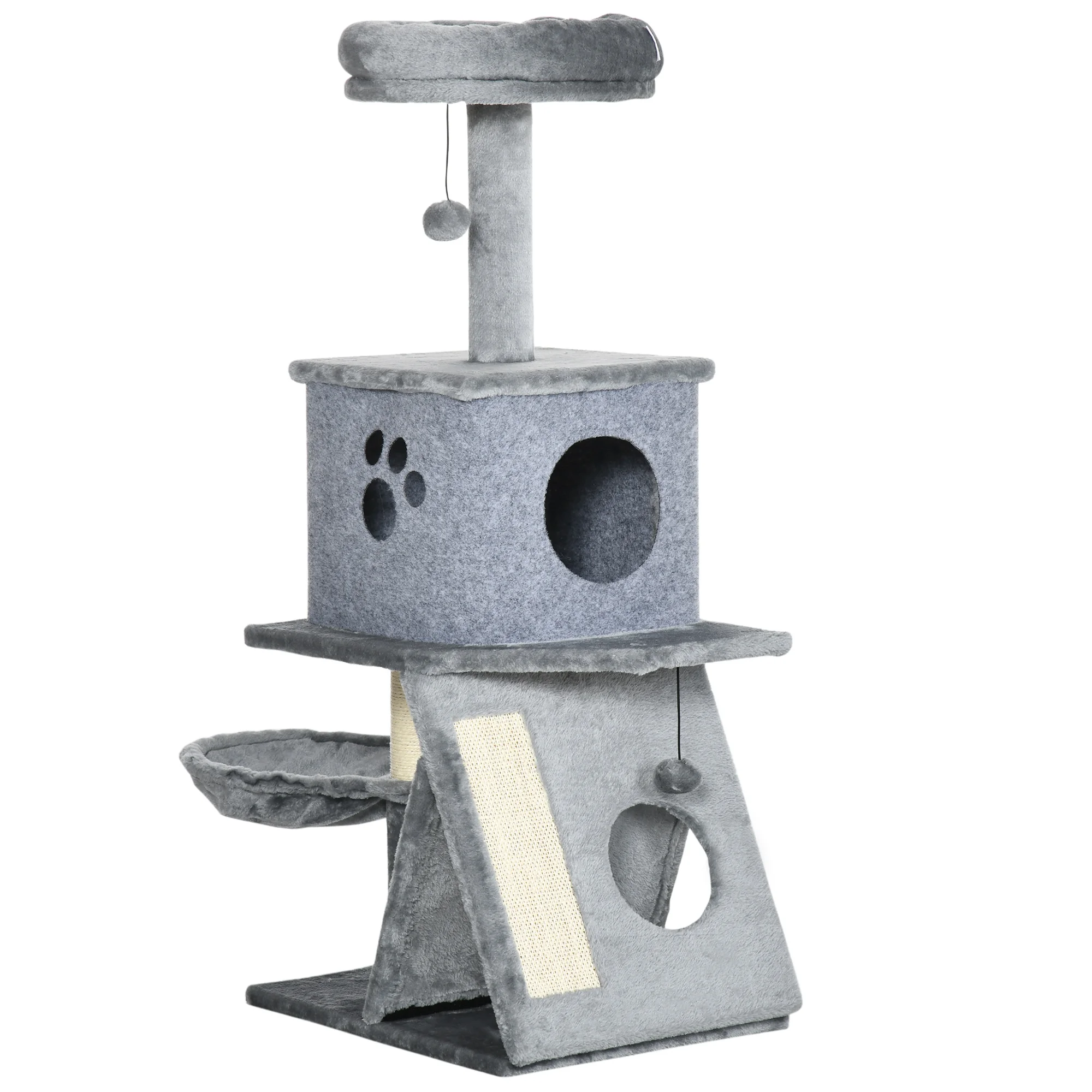 PawHut Cat Scratching Tree Height 111 cm Cat Tower with Bed Cave Hammock Hanging Ball Pods and Sisal Ramp 50x40x111 cm Gray