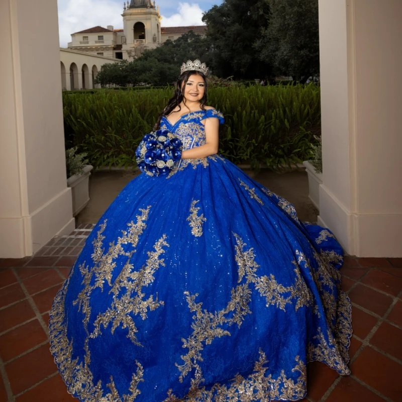 

Royal Blue Shiny Quinceanera Dresses Off The Shoulder Applique Lace Beads Party Birthday Sweet 16 Dress Vestidos De 15 Anos