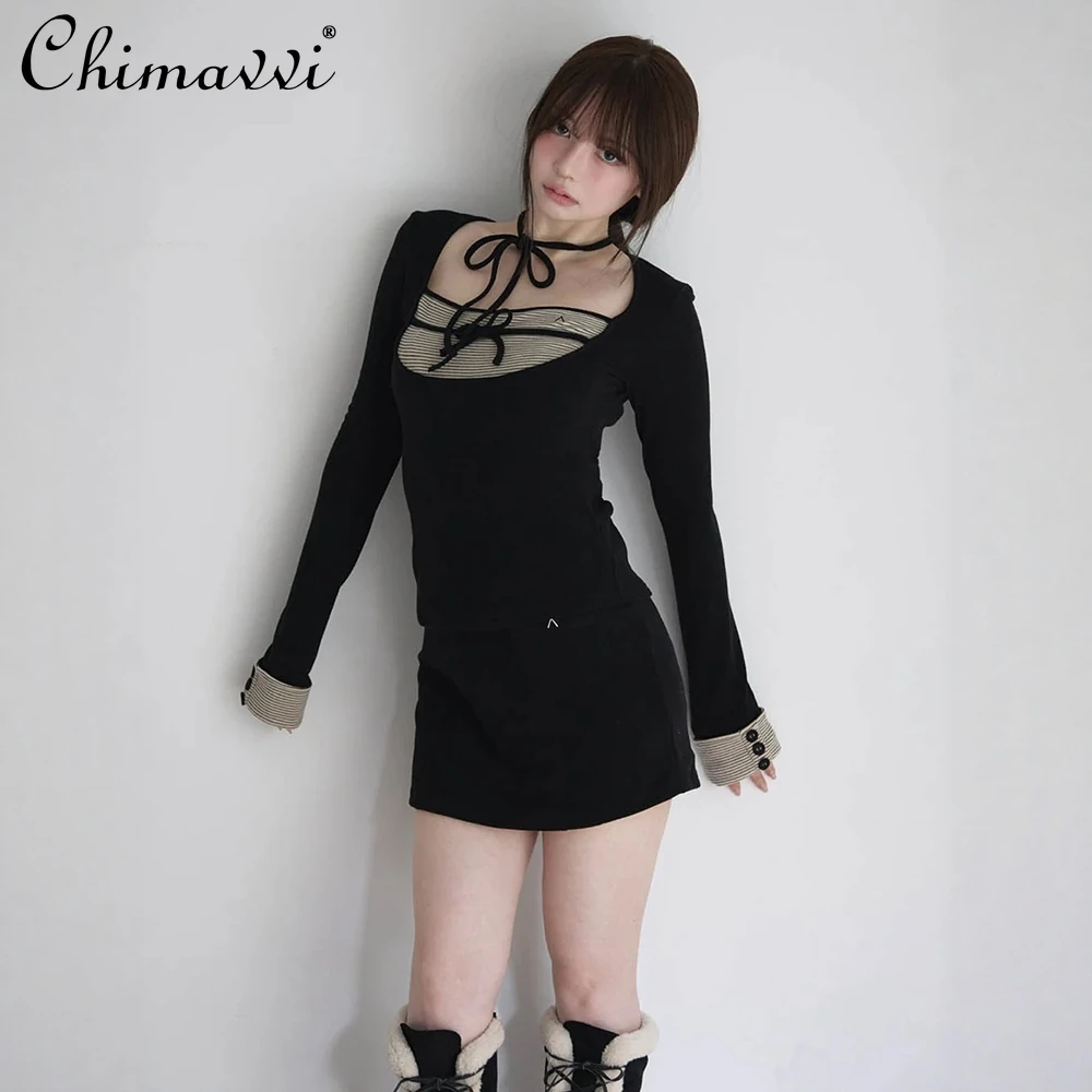 النمط الياباني الصدر المرقعة القوس الديكور تمتد سليم كم طويل محبوك تي شيرت تنورة مجموعة أنيقة المرأة قطعتين مجموعة #3