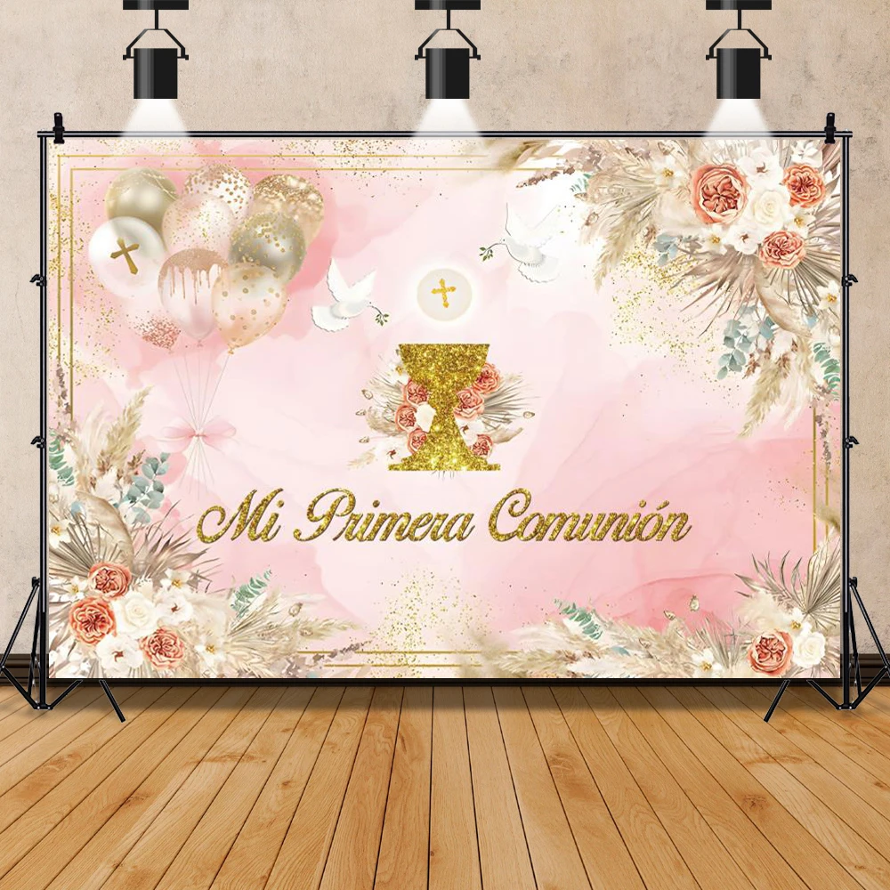 Mi Baptism Backdrop God Bless Boy Girl First Holy Communion Chalice Dove Pink Floral Kids Christening Photography Background