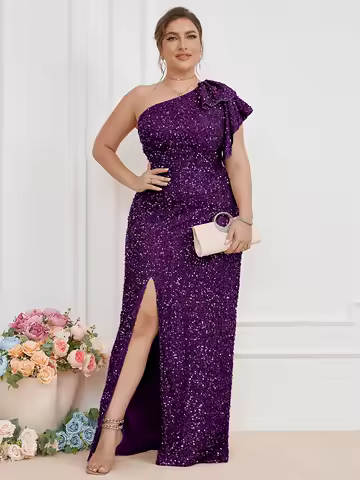 UNITHORSE Women Plus Size Sequin One Shoulder Split Hem Evening Dress
